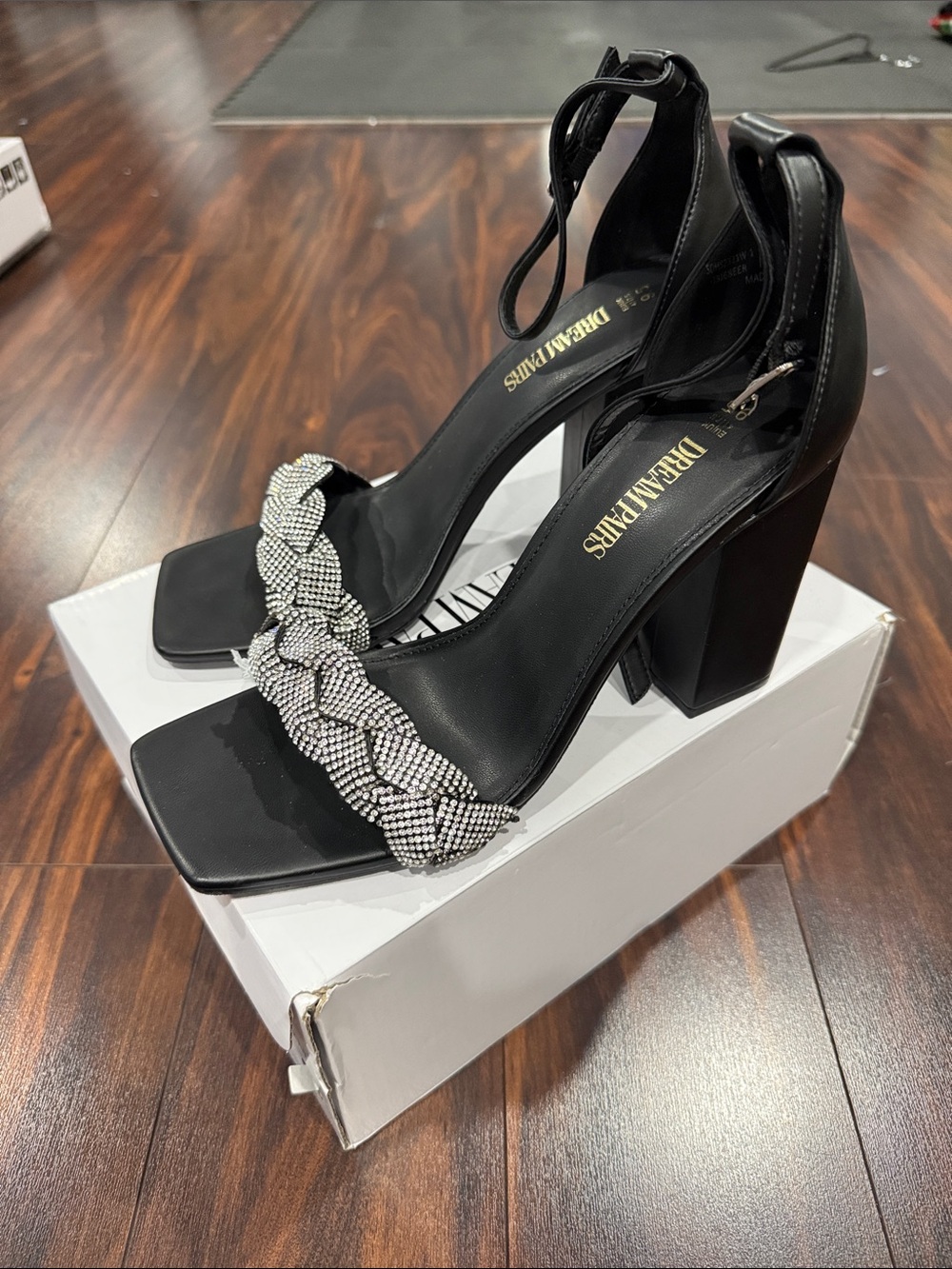 Dream Pairs Black Block Heel Sandals with Crystal Braided Front